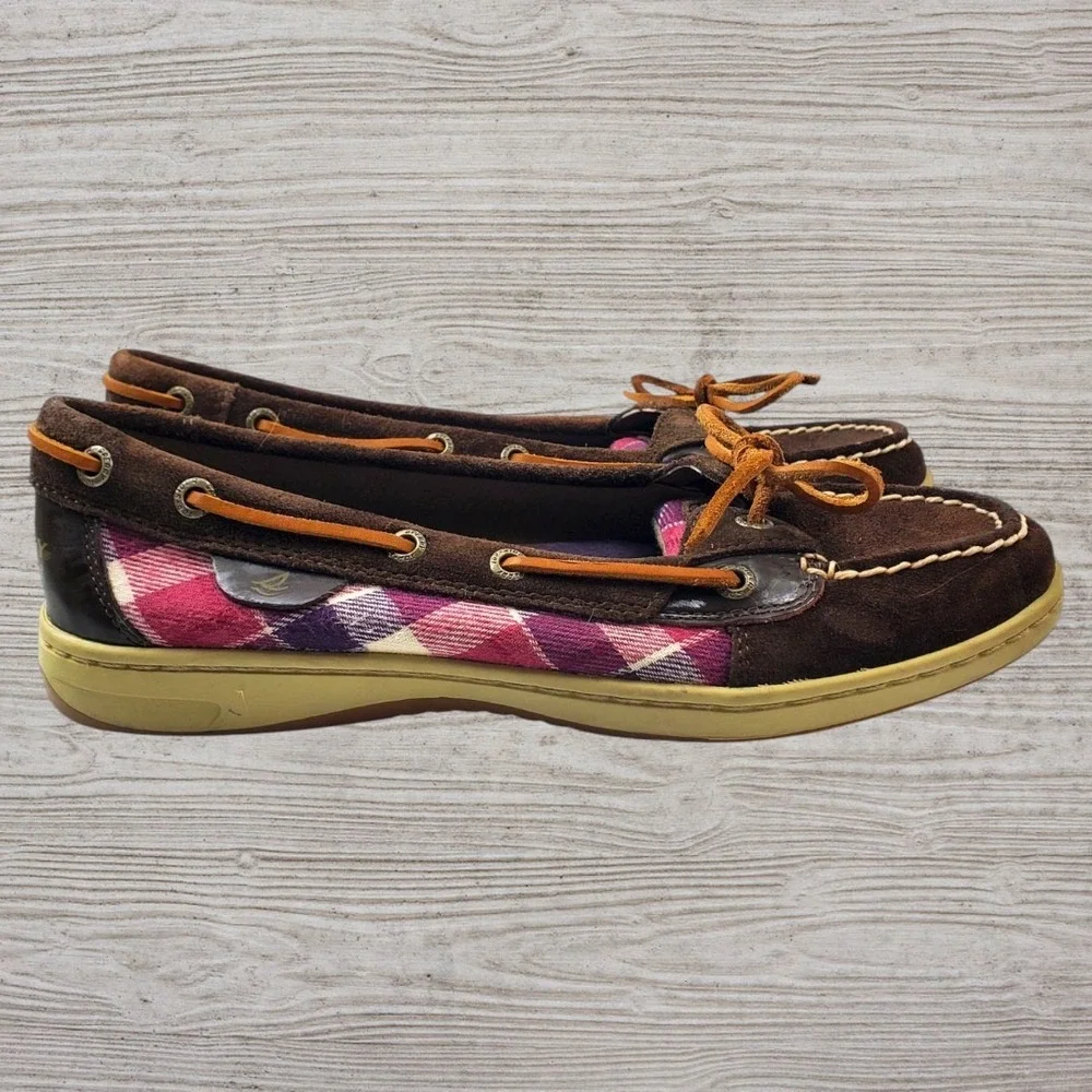 Sperry Top-Sider Womens 8.5M Brown Suede Pink Plaid Boat Shoes Loafers